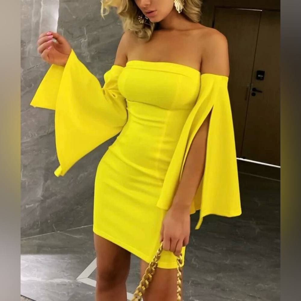 joyfunear off shoulder split bell sleeve dress